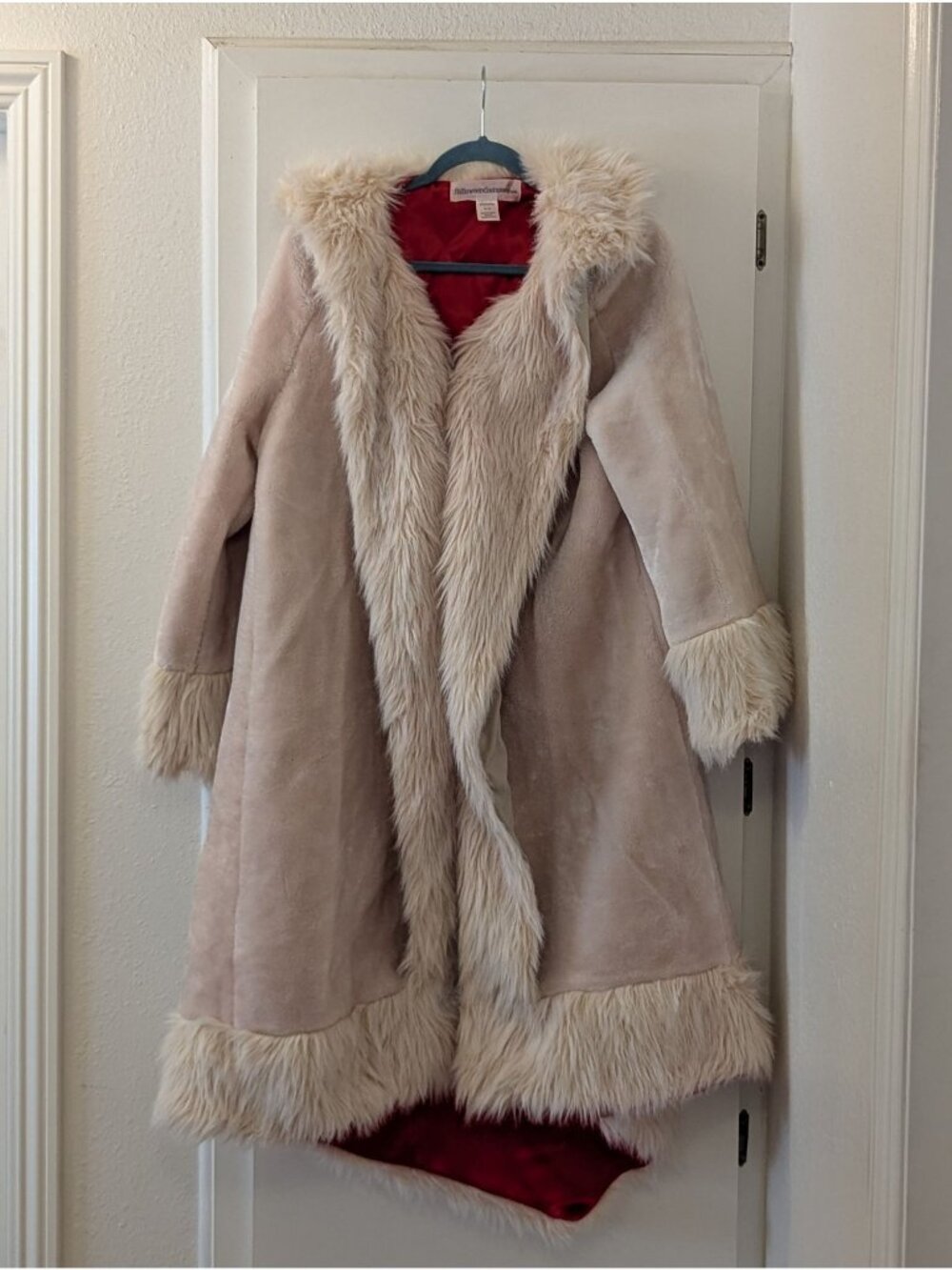 Cruella DeVille Inspired Faux Fur Coat With Red Lining Beige Suede-Like Finish S